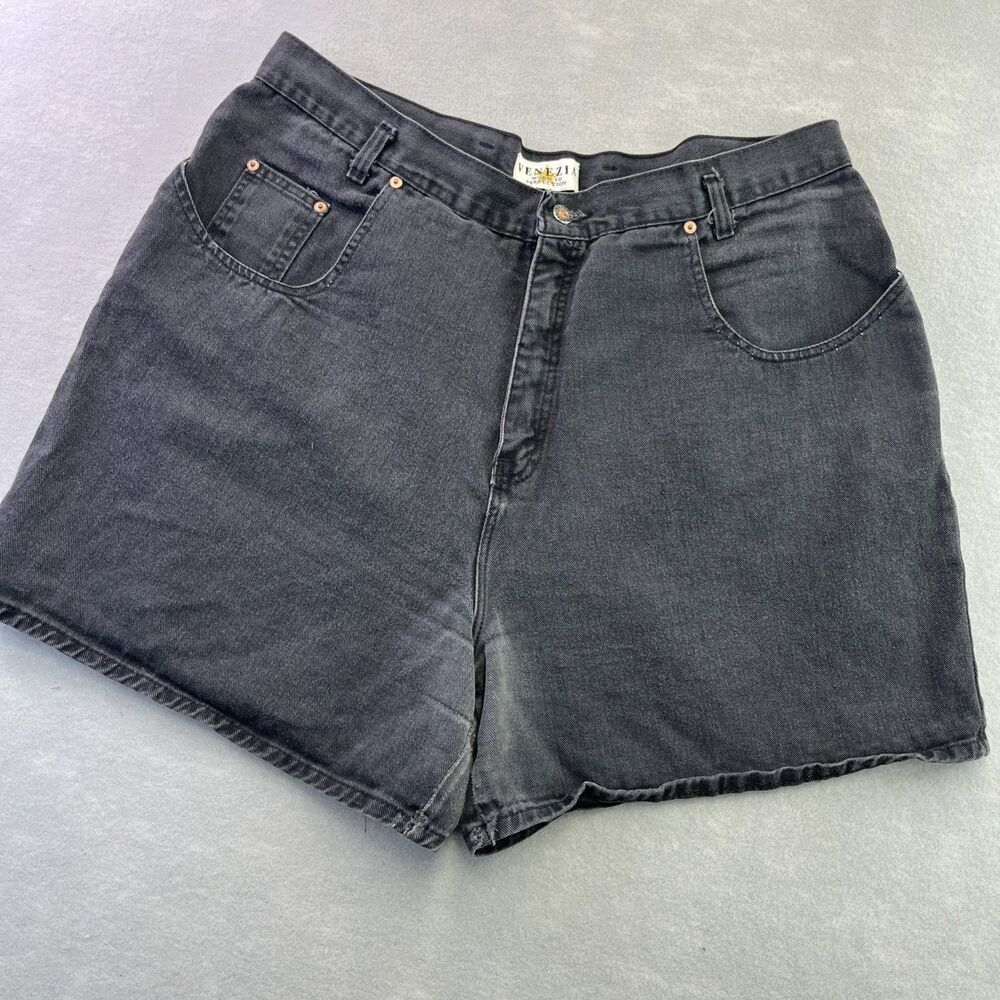 Venezia Shorts Womens 22 Black Denim High Rise Bermuda Made In USA 90s Vintage